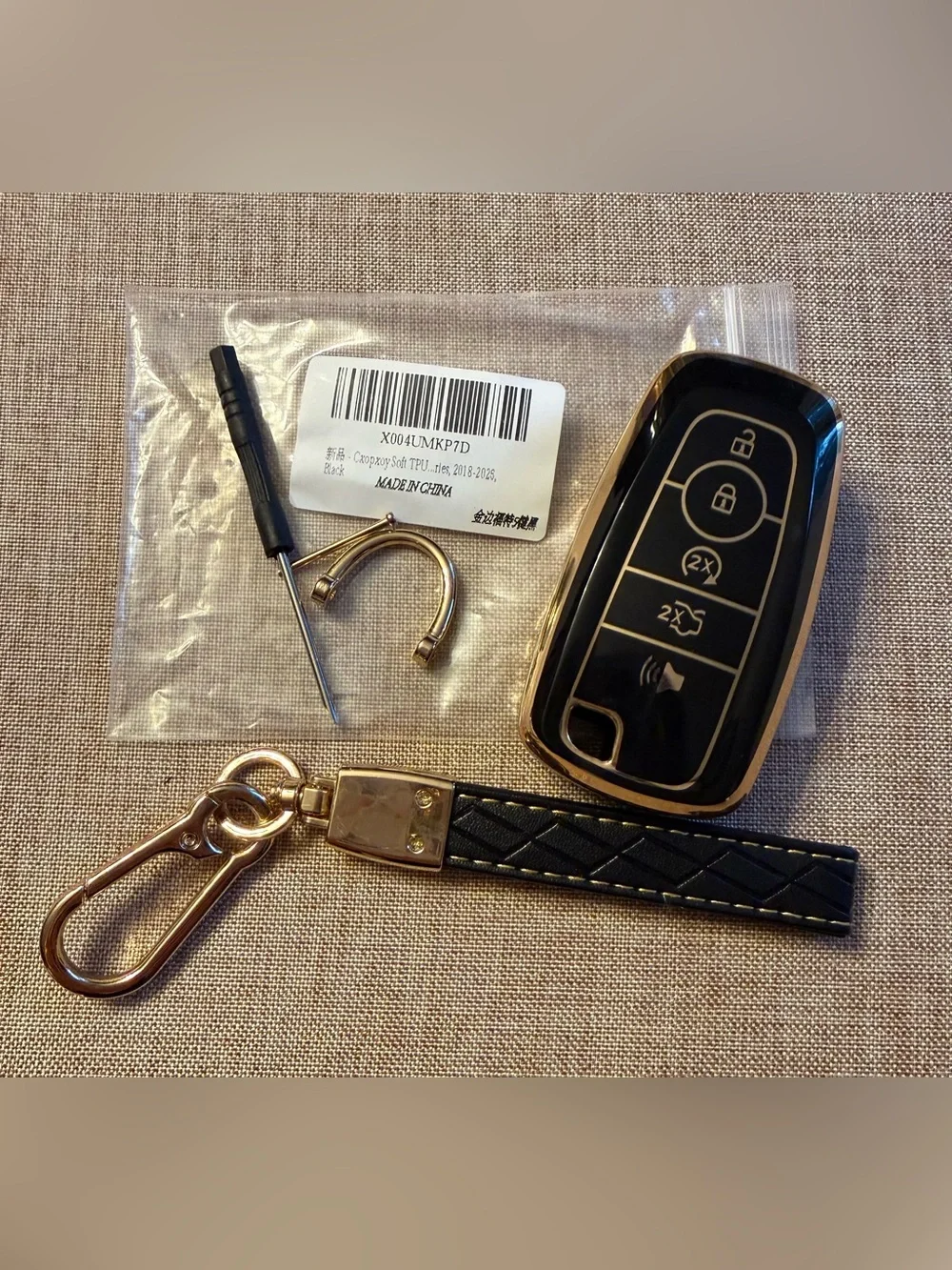2018-2026 Ford Black Quilted Leather Strap Key Fob Cover with Gold Hardware